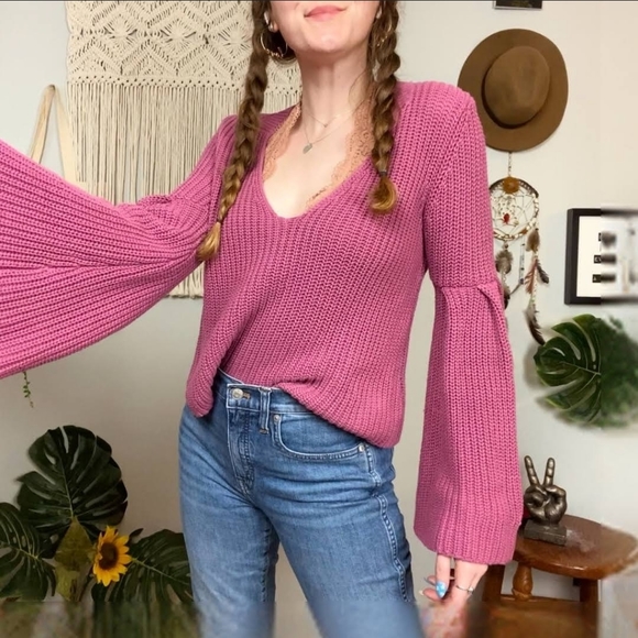 Free People cotton bell sleeve crop sweater Mauve Sz XS Boho Inde Hippie - Picture 6 of 10